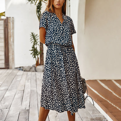 Summer Dresses Women Summer Polka Dot Printing Dresses With Buttons Short Sleeves Drawstring High Waist Dress Vestidos 2023
