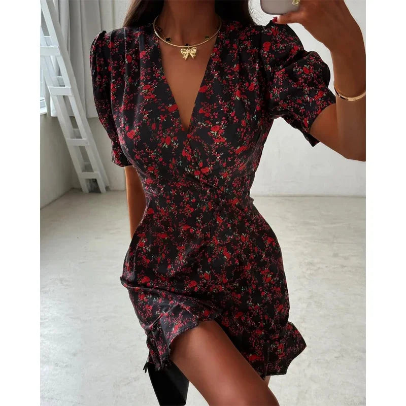 Chic Ruffle Print Slim Fit Dress Women Chic Flared sleeves V-neck Pleated Short Dresses 2026 Lady Summer Casual Daily Vestidos