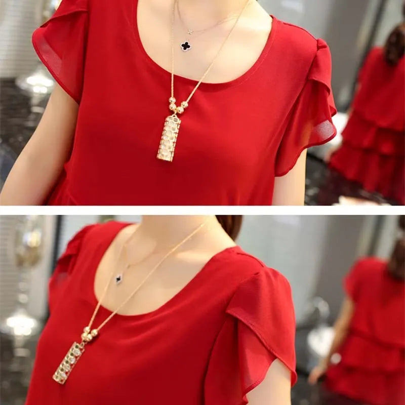 2026 Dress For Women Summer Wave Cut Ruffle Sweet Solid Short Sleeve Slim Dresses Lady Casual All-match Vestido O-Neck Chiffon