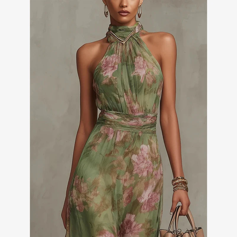 Women Solid Halter Neck Ruffle Long Dress Elegant Sleeveless Chiffon Tiered Waist Cinching Maxi Dresses 2026 New Street Vestidos