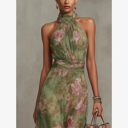 Women Solid Halter Neck Ruffle Long Dress Elegant Sleeveless Chiffon Tiered Waist Cinching Maxi Dresses 2026 New Street Vestidos