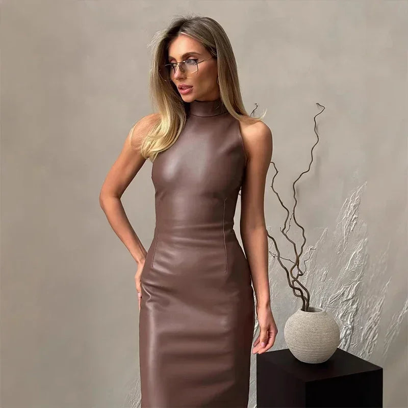 Vintage Midi Leather Dress Women Slim Turtleneck Sleeveless Hip Package Female Dresses 2025 Autumn Lady Elegant Party Vestidos