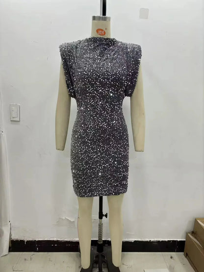 KONDALA 2026 Spring Women Sequined Party Dresses Shoulder Pad Sheath Mini Dress Sleeveless Valentine‘s Day Women Elegant Dresses