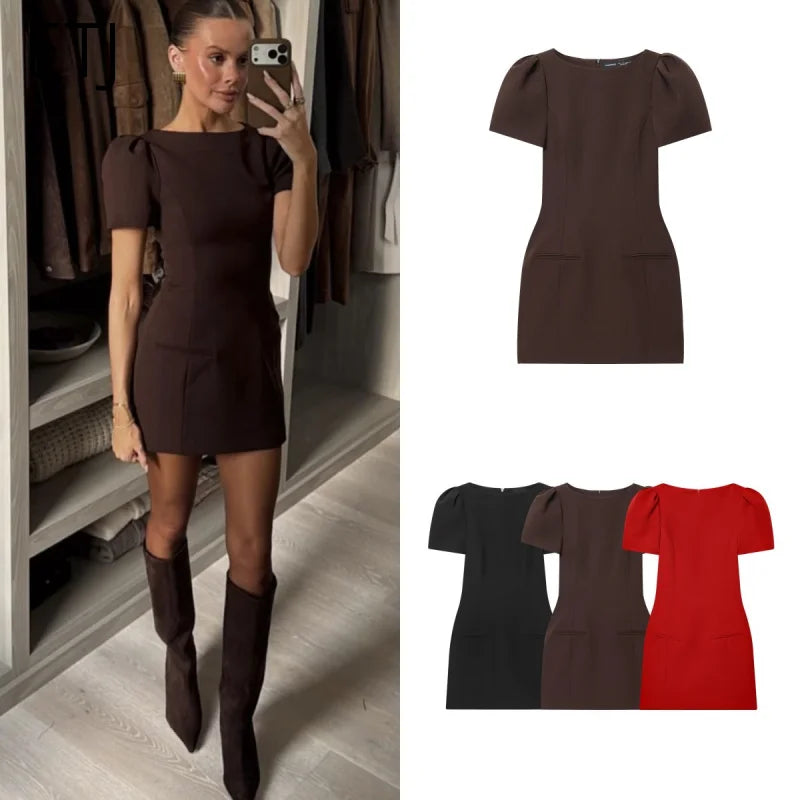 ETJ 2025 women's new products are elegant and stylish Short dress with a boat neck and short sleeves with pleats  black dress