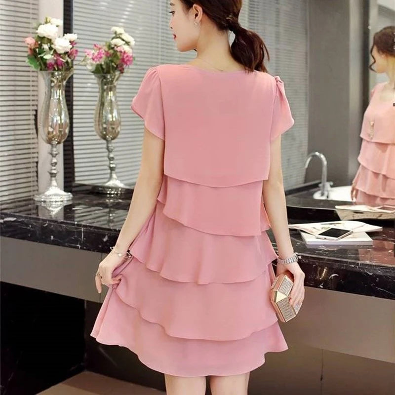 2026 Dress For Women Summer Wave Cut Ruffle Sweet Solid Short Sleeve Slim Dresses Lady Casual All-match Vestido O-Neck Chiffon