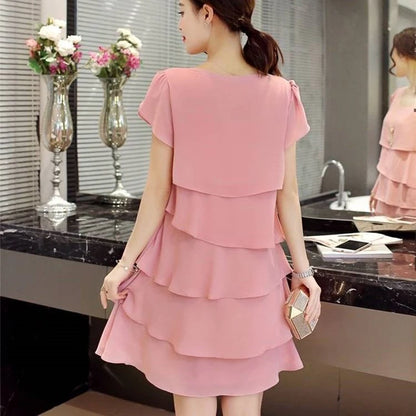 2026 Dress For Women Summer Wave Cut Ruffle Sweet Solid Short Sleeve Slim Dresses Lady Casual All-match Vestido O-Neck Chiffon