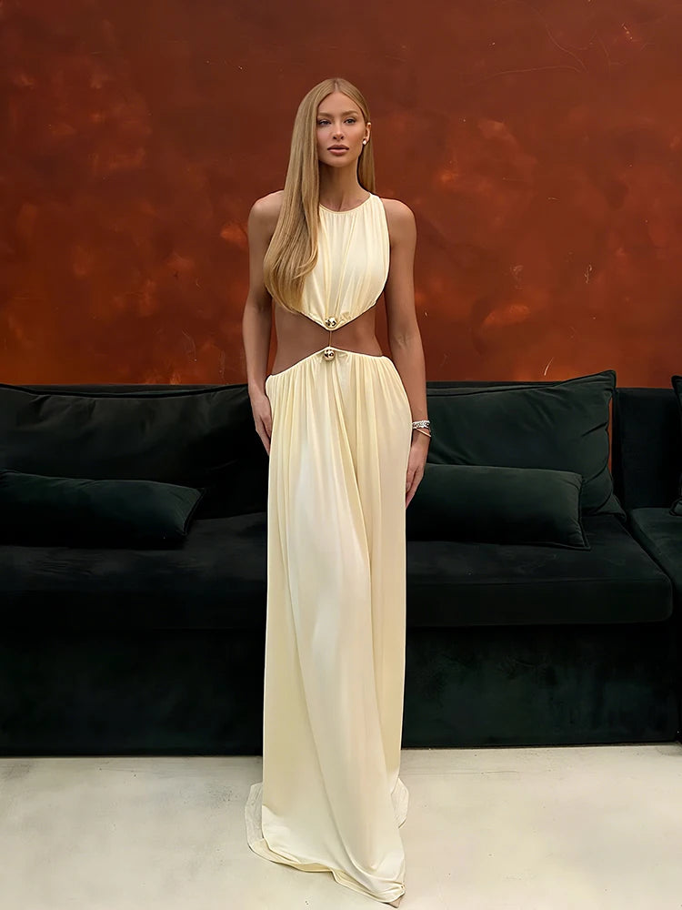 kliou Shirring Waistless Women Maxi Dresses Hipster Simple Sleeveless Splice O-neck Sheath Straight Robe Female Evening Frock