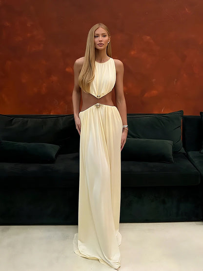 kliou Shirring Waistless Women Maxi Dresses Hipster Simple Sleeveless Splice O-neck Sheath Straight Robe Female Evening Frock
