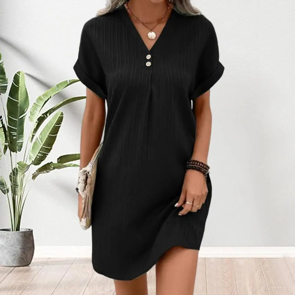 Summer Women Dress V Neck Button Short Sleeves Loose Casual Loose Fit Button Dress Summer Loose Lady Short Dress Women Dresses