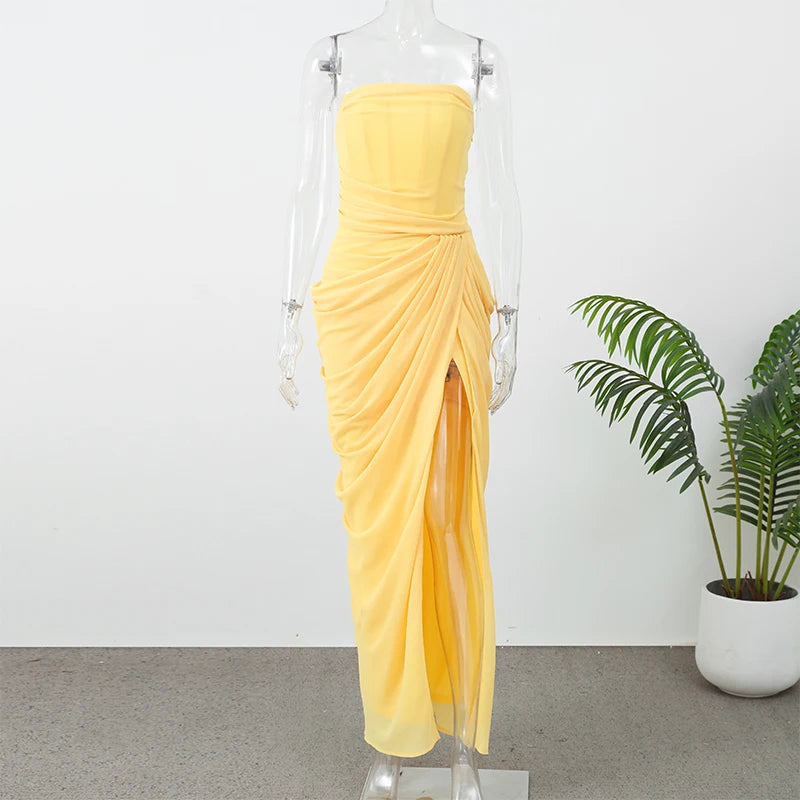 Yellow Strapless Pleated Women Split Maxi Dress Elegant Sleeveless Waist Cinching Slim Fit Dresses 2026 Lady Daily Party Gowns