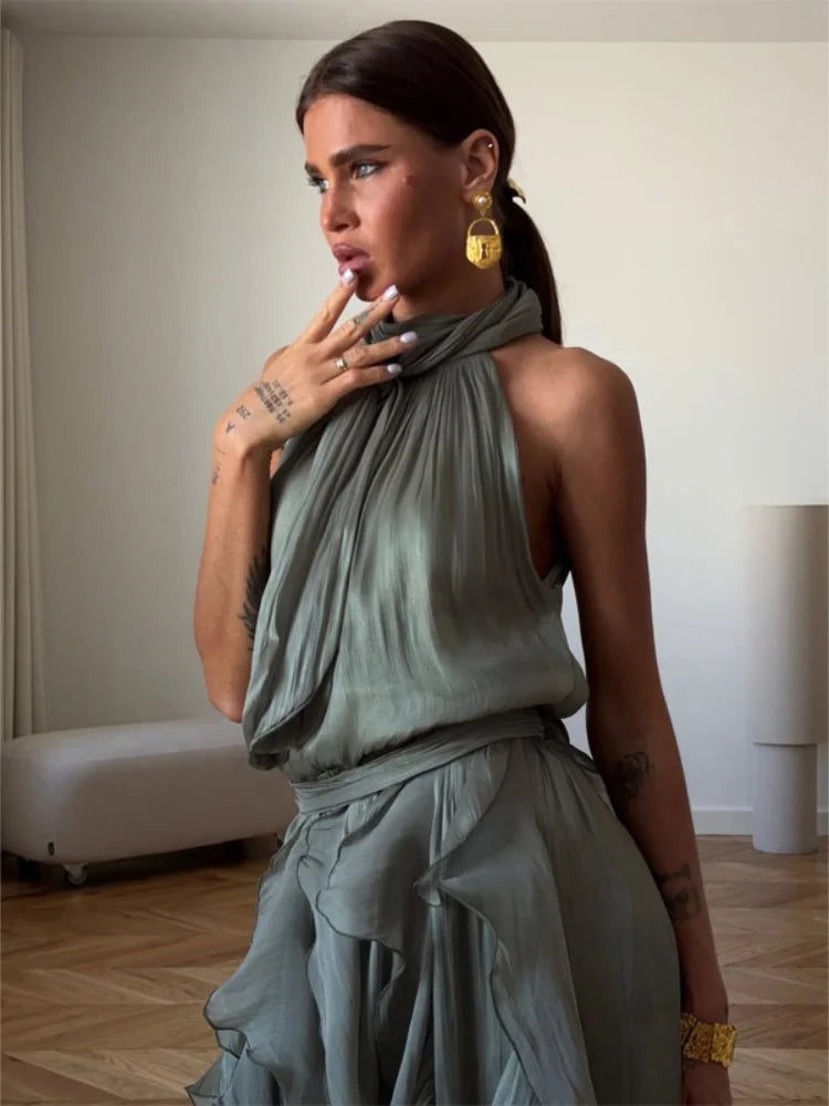 Women Solid Halter Neck Ruffle Long Dress Elegant Sleeveless Chiffon Tiered Waist Cinching Maxi Dresses 2026 New Street Vestidos