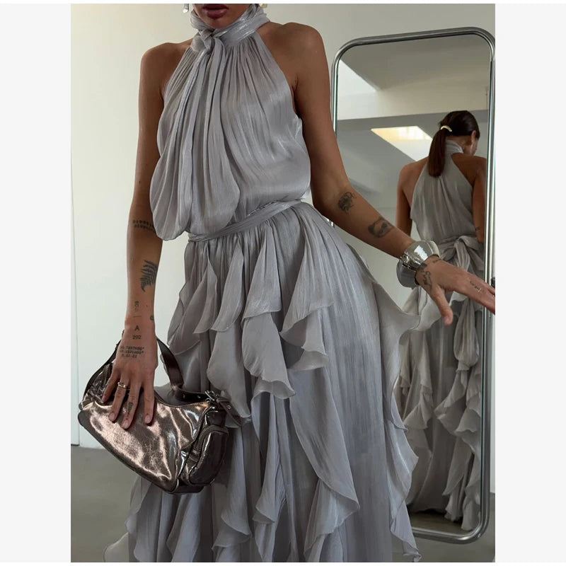 Women Solid Halter Neck Ruffle Long Dress Elegant Sleeveless Chiffon Tiered Waist Cinching Maxi Dresses 2026 New Street Vestidos