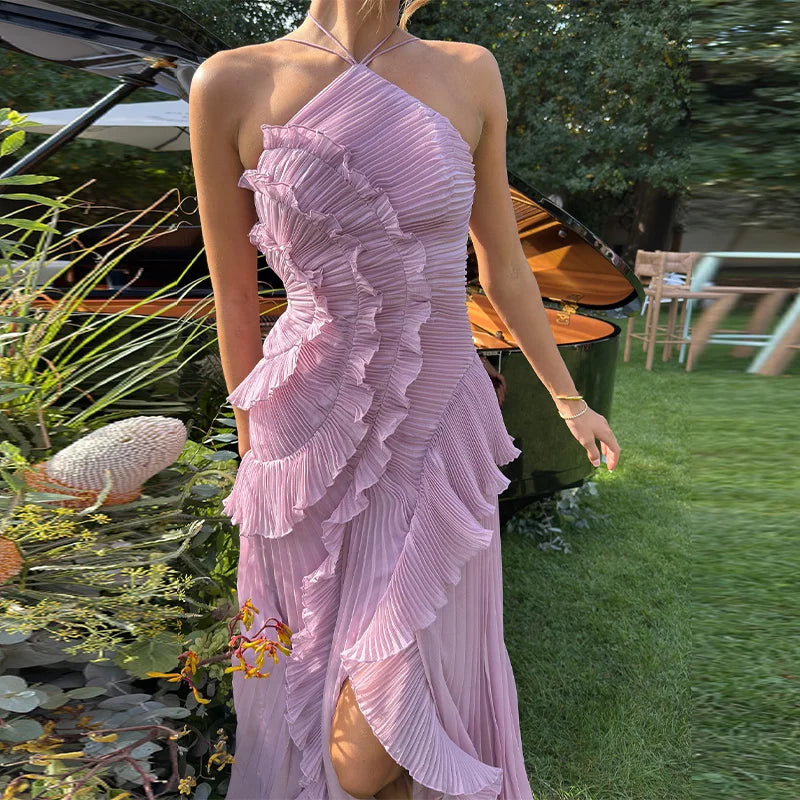 Elegant Women Lotus Edge Maxi Dress Slim Fit Backless Lace Up Halter Dresses Sleeveless Party Vacation Gowns