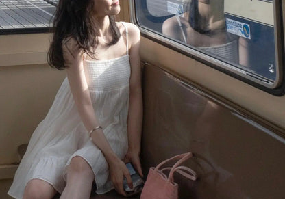 White Spaghetti Strap Dresses Women French Style Backless Hotsweet Mini Casual Holiday Summer Female Temperament Ruffles Chic