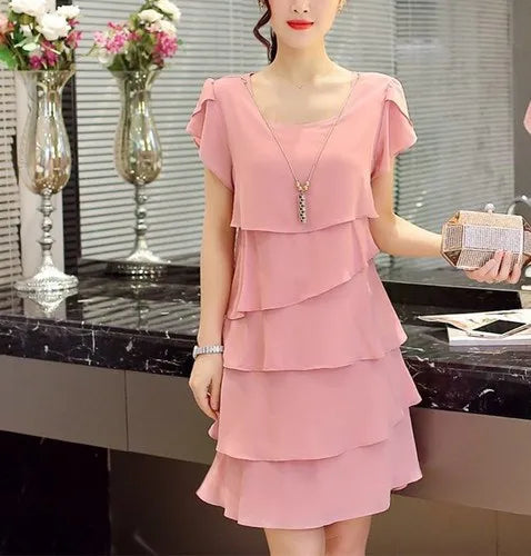 2026 Dress For Women Summer Wave Cut Ruffle Sweet Solid Short Sleeve Slim Dresses Lady Casual All-match Vestido O-Neck Chiffon
