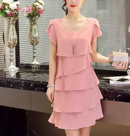 2026 Dress For Women Summer Wave Cut Ruffle Sweet Solid Short Sleeve Slim Dresses Lady Casual All-match Vestido O-Neck Chiffon