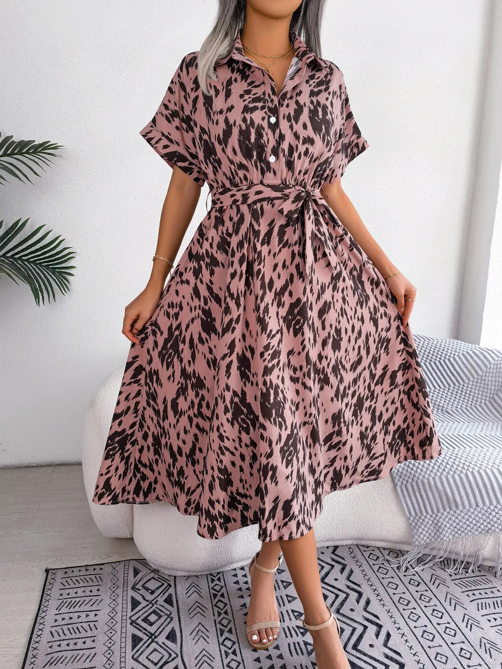 Ficusrong Women Summer Casual Loose Leopard Lace Up Shirt Dress For Ladies Fashion All Match Chic Dresses