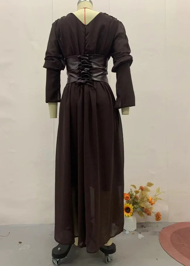 Vintage Nipped Waisted Long Sleeved A-line Dress Elegant V Neck Split Long Dresses 2024 Women Loose Vintage Party Long Dresses