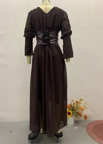 Vintage Nipped Waisted Long Sleeved A-line Dress Elegant V Neck Split Long Dresses 2024 Women Loose Vintage Party Long Dresses