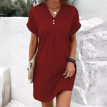 Summer Women Dress V Neck Button Short Sleeves Loose Casual Loose Fit Button Dress Summer Loose Lady Short Dress Women Dresses