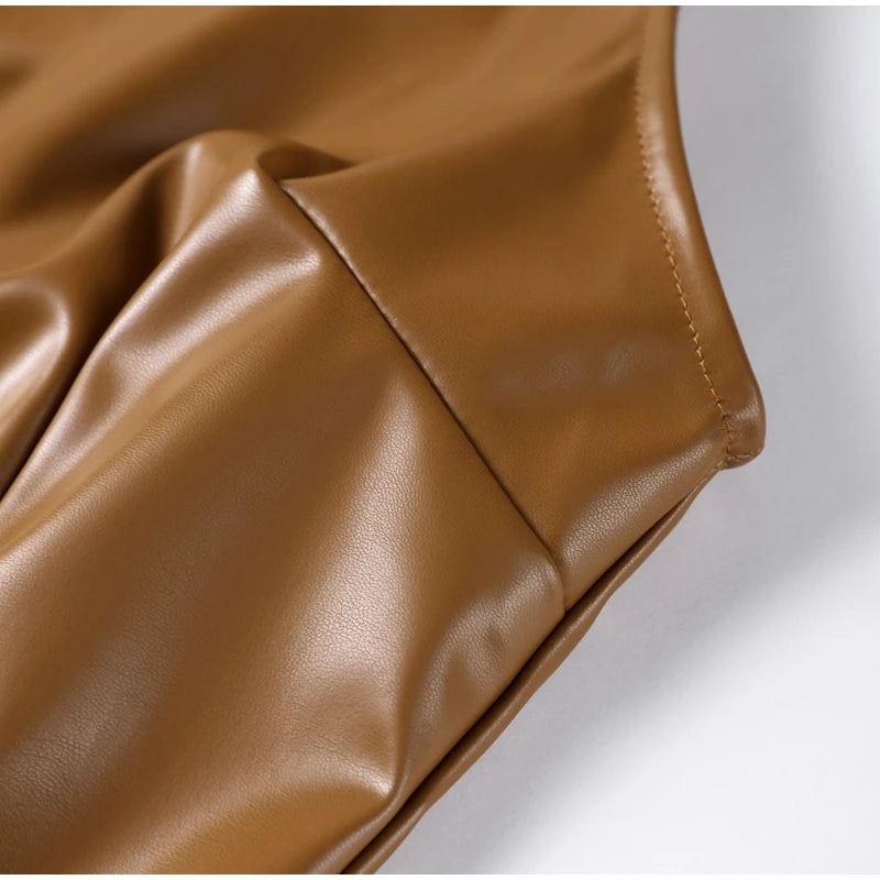 Vintage Midi Leather Dress Women Slim Turtleneck Sleeveless Hip Package Female Dresses 2025 Autumn Lady Elegant Party Vestidos