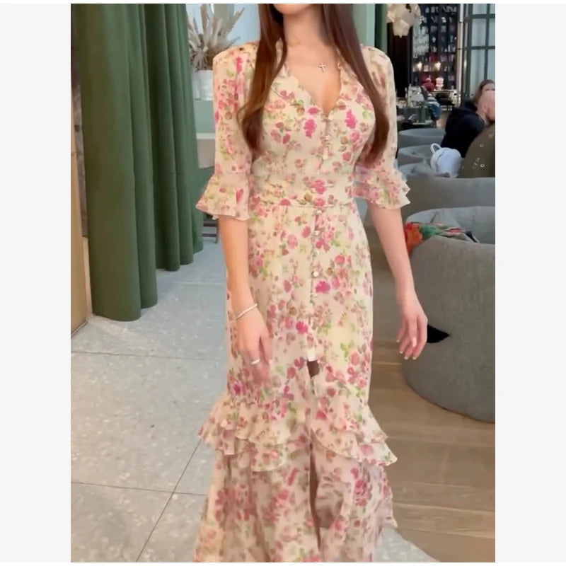 Women Chic Printed Gathered Large Swing Dress Sexy Sleeveless High Waist Slim Fit Sling Dresses 2026 New Lady Party Club Gowns