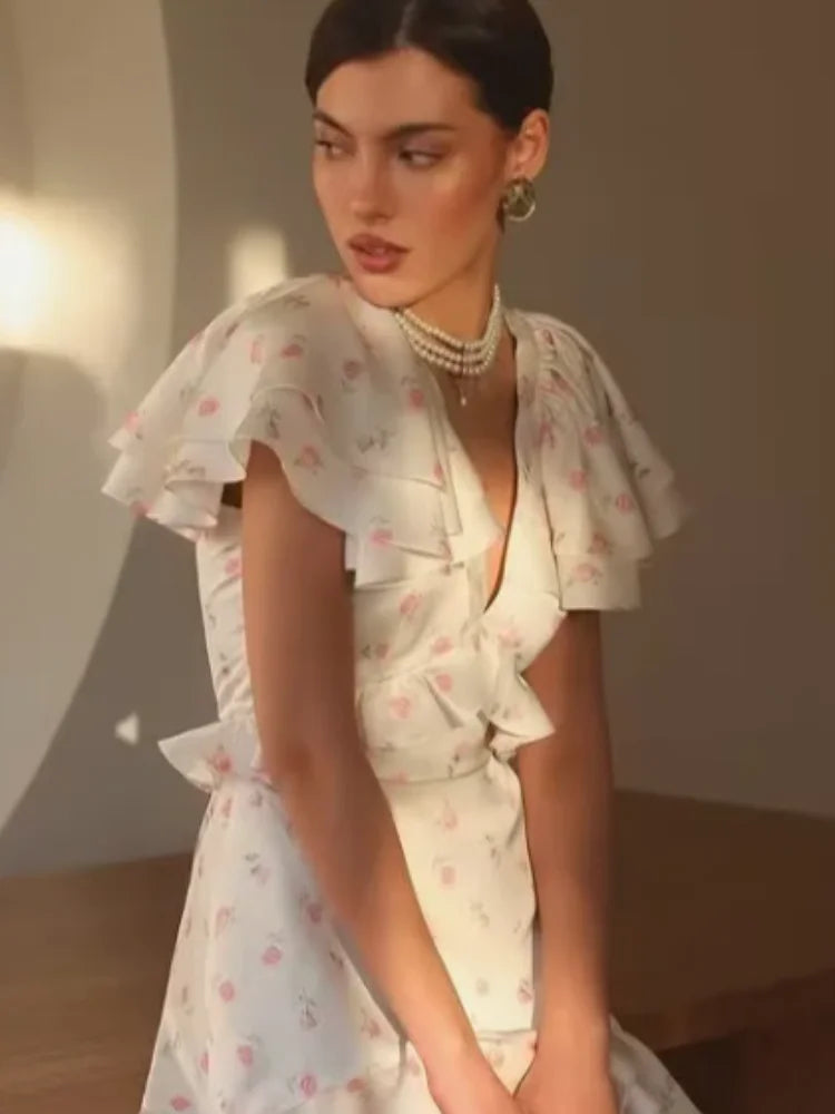 Floral Print V-neck Cinched Waist Dress Women Chic Layered Ruffle Hem Short Sleeved High-waist Dresses 2026 New Street Vestidos