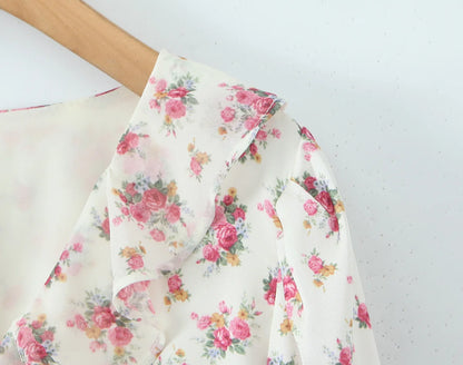 Boho Floral Print Ruffle Mini Dress Women Front Button Long Sleeve V Neck Spring Dresses 2025 Holiday Robe Short Vestidos