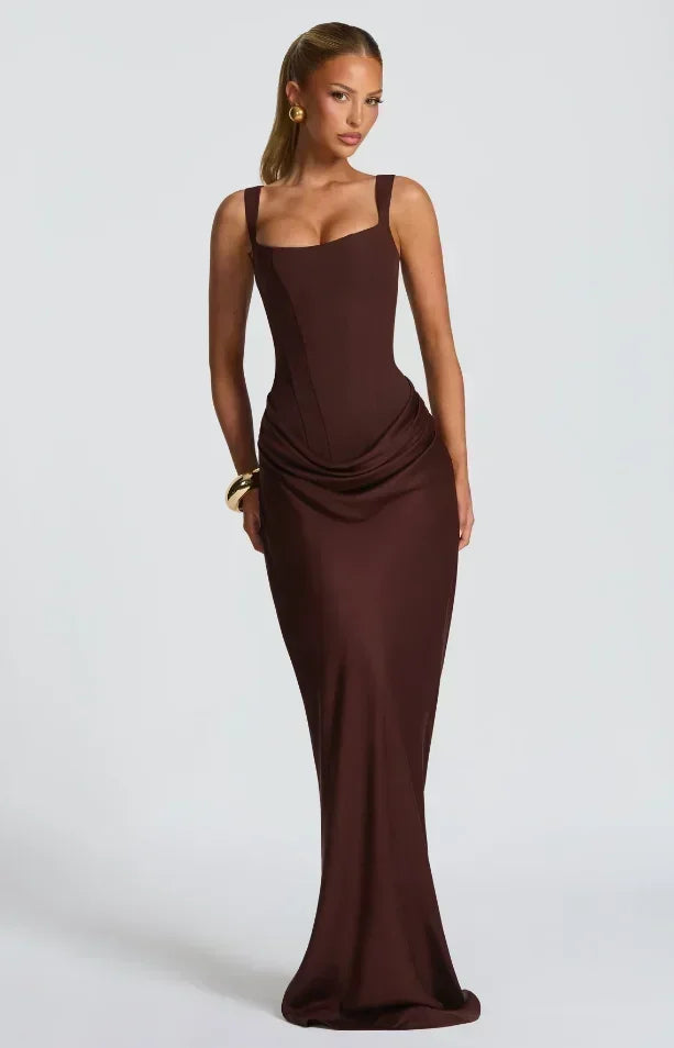 Solid Pleated Sling Dress Square Neck Sleeveless Off-shoulder Waist Cinching Slim Women Dresses Fashion Evening Party Gowns 2025