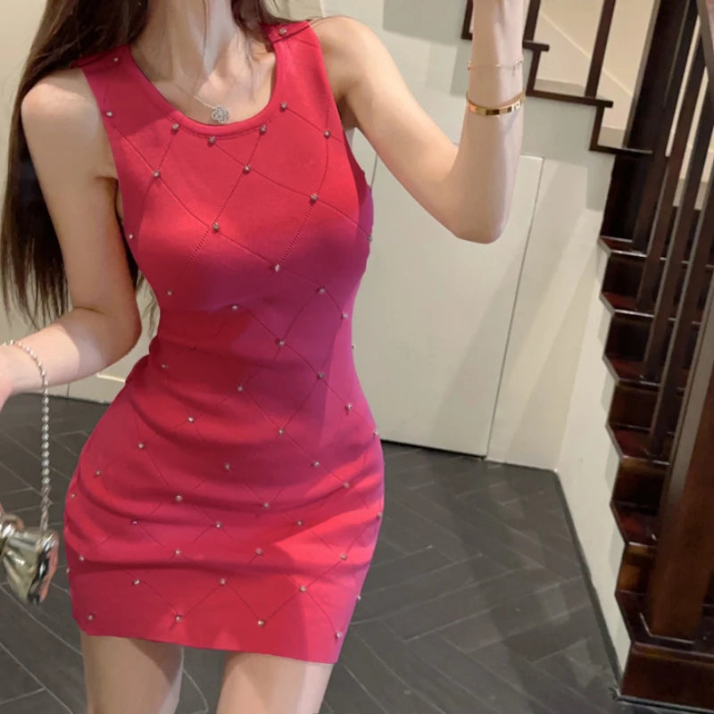 2024 New Summer Women Vintage Ladies Sleeveless Slim Elastic Knit Vest Dress Knitted Elegant Sexy Bodycon Mini Dresses