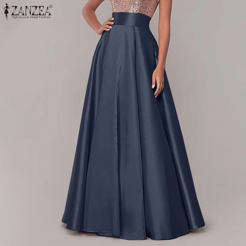 ZANZEA Women Satin Silk Black Maxi Long Skirts Elegant Luxury High Waisted A-Line Party Jupe Femme with Back Zipper Faldas Mujer