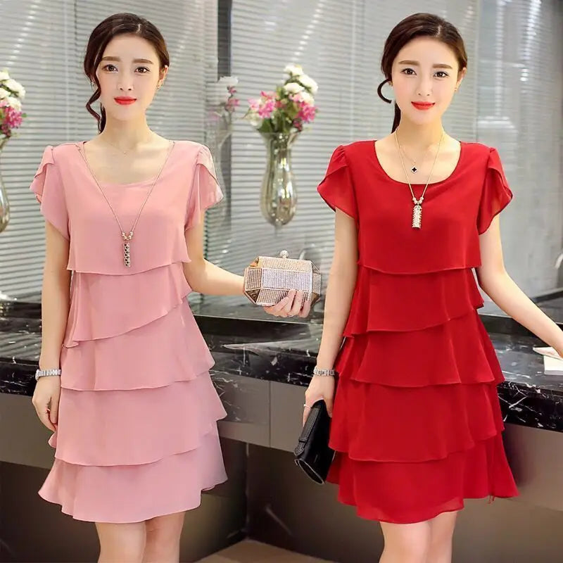 2026 Dress For Women Summer Wave Cut Ruffle Sweet Solid Short Sleeve Slim Dresses Lady Casual All-match Vestido O-Neck Chiffon
