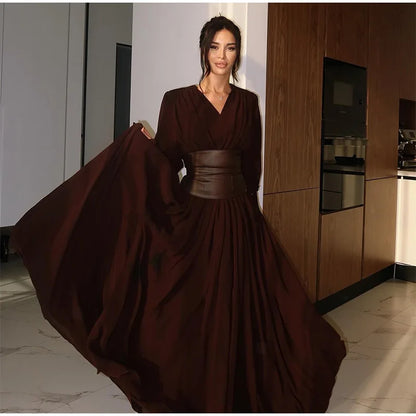 Vintage Nipped Waisted Long Sleeved A-line Dress Elegant V Neck Split Long Dresses 2024 Women Loose Vintage Party Long Dresses