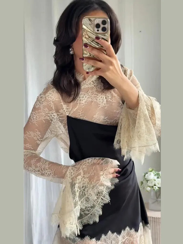 Lace Patchwork Panelled Short Dress Women Sexy Hollow Out Flare Long Sleeve Pleat Party Evening Dresses Charming Ladies Clubwear