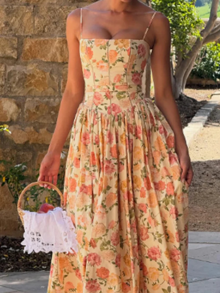 Women Chic Printed Gathered Large Swing Dress Sexy Sleeveless High Waist Slim Fit Sling Dresses 2026 New Lady Party Club Gowns