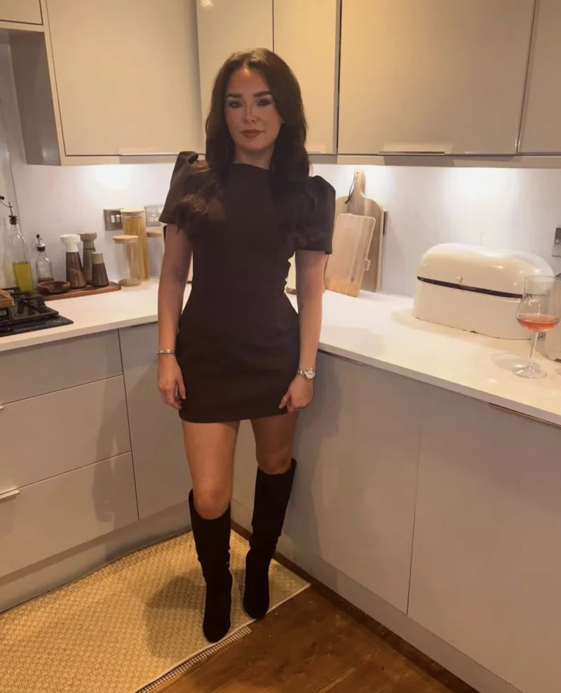 ETJ 2025 women's new products are elegant and stylish Short dress with a boat neck and short sleeves with pleats  black dress