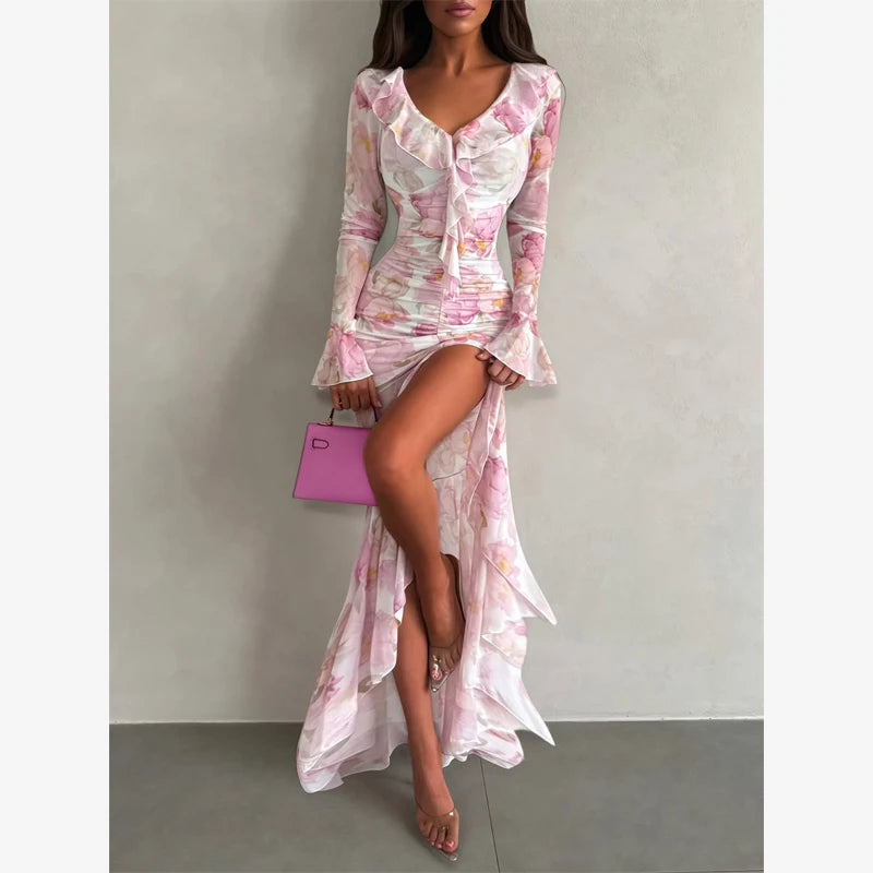 Women Chic Printed Gathered Large Swing Dress Sexy Sleeveless High Waist Slim Fit Sling Dresses 2026 New Lady Party Club Gowns