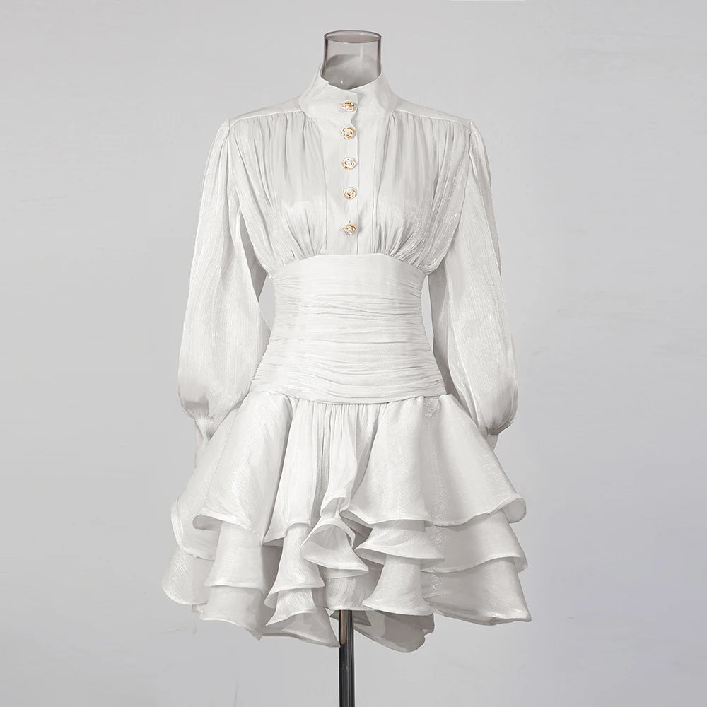 TWOTWINSTYLE Solid Spliced Ruffles Folds Elegant Dresses for Women Stand Neck Long Sleevs Tunic Temperament Dress Female Fashion