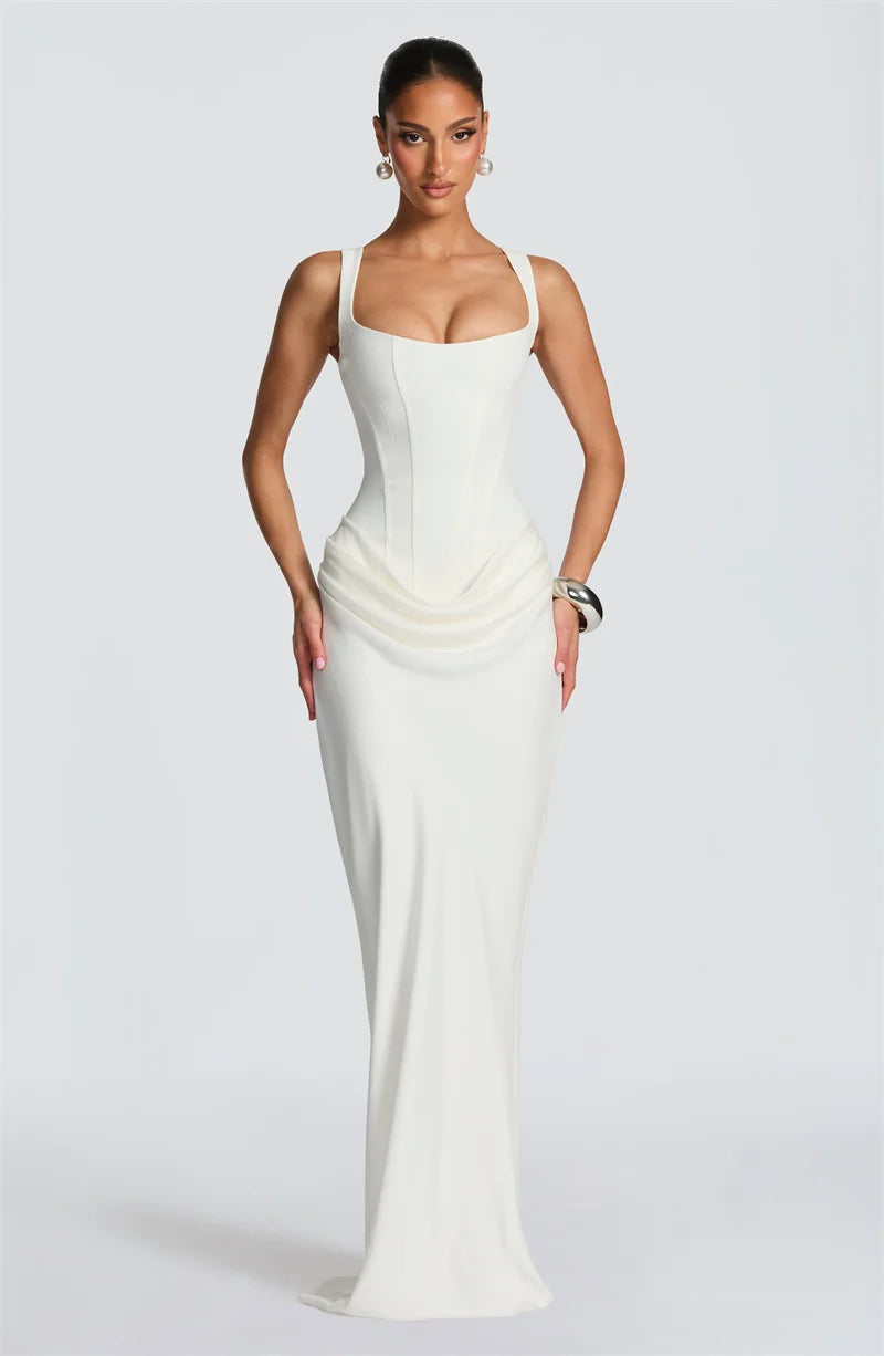 Mozision Elegant Backless Sexy Maxi Dress Women Gown Fashion Square Collar Sleeveless Skinny Ruched Club Party Long Dresses