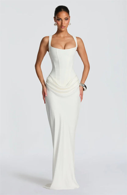Mozision Elegant Backless Sexy Maxi Dress Women Gown Fashion Square Collar Sleeveless Skinny Ruched Club Party Long Dresses