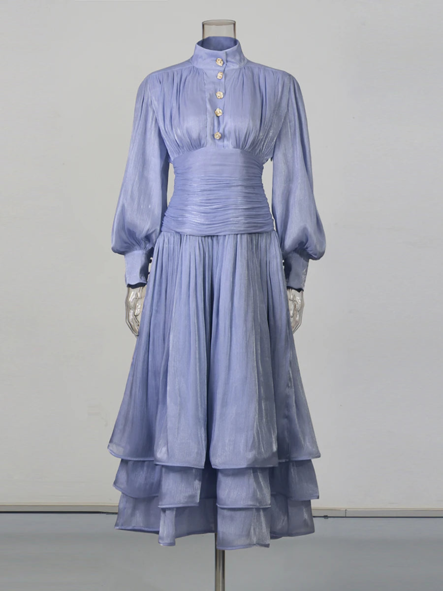 TWOTWINSTYLE Solid Spliced Ruffles Folds Elegant Dresses for Women Stand Neck Long Sleevs Tunic Temperament Dress Female Fashion
