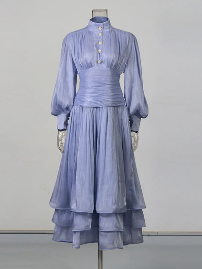 TWOTWINSTYLE Solid Spliced Ruffles Folds Elegant Dresses for Women Stand Neck Long Sleevs Tunic Temperament Dress Female Fashion