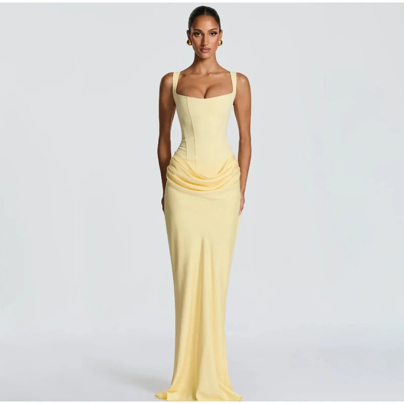 Yellow Strapless Pleated Women Split Maxi Dress Elegant Sleeveless Waist Cinching Slim Fit Dresses 2026 Lady Daily Party Gowns