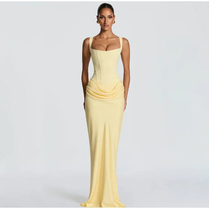 Yellow Strapless Pleated Women Split Maxi Dress Elegant Sleeveless Waist Cinching Slim Fit Dresses 2026 Lady Daily Party Gowns