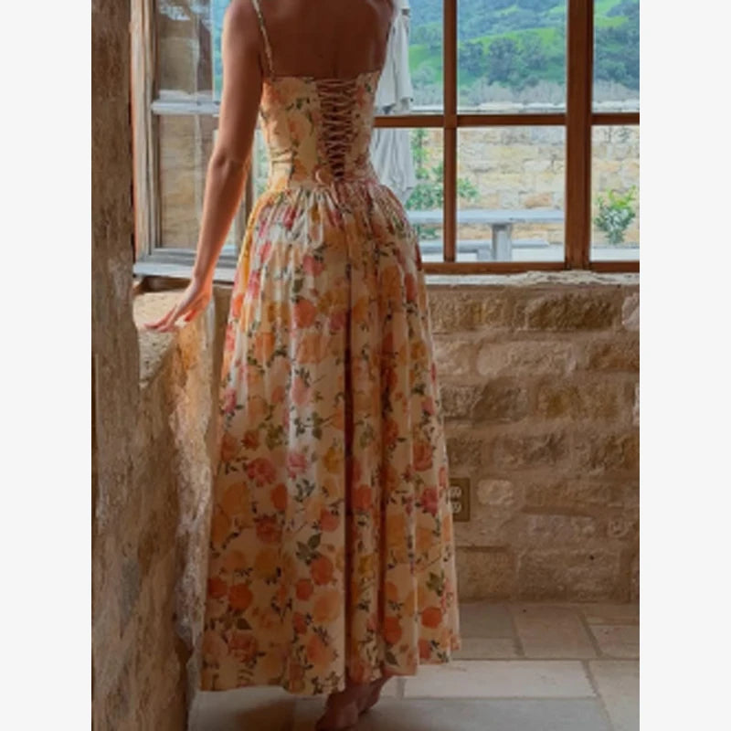 Women Chic Printed Gathered Large Swing Dress Sexy Sleeveless High Waist Slim Fit Sling Dresses 2026 New Lady Party Club Gowns