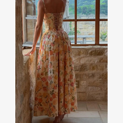 Women Chic Printed Gathered Large Swing Dress Sexy Sleeveless High Waist Slim Fit Sling Dresses 2026 New Lady Party Club Gowns