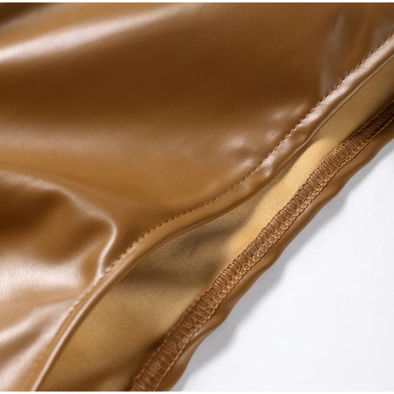 Vintage Midi Leather Dress Women Slim Turtleneck Sleeveless Hip Package Female Dresses 2025 Autumn Lady Elegant Party Vestidos
