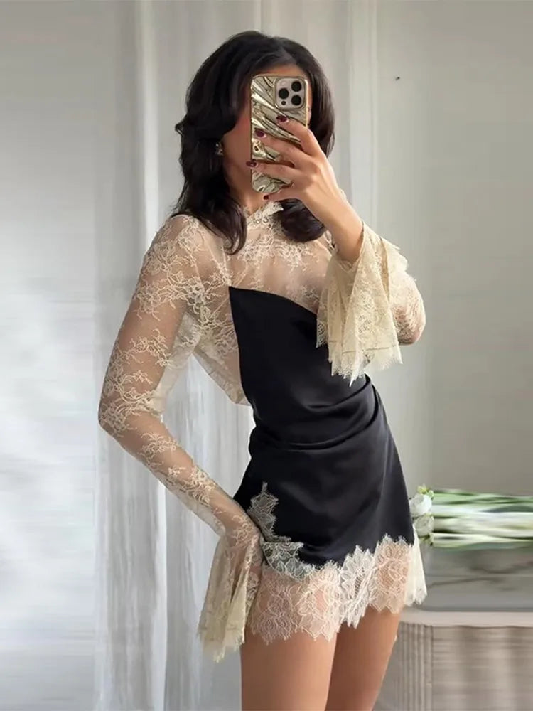 Lace Patchwork Panelled Short Dress Women Sexy Hollow Out Flare Long Sleeve Pleat Party Evening Dresses Charming Ladies Clubwear