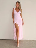 Ladies Summer Ruffle Evening Birthday Party Dress Women Sleeveless Backless Side Slit Long Dresses Clubwear Woman Clothes 2025