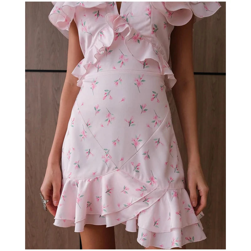 Floral Print V-neck Cinched Waist Dress Women Chic Layered Ruffle Hem Short Sleeved High-waist Dresses 2026 New Street Vestidos